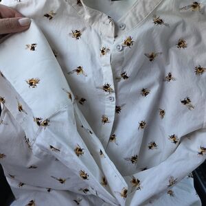 Victoria Beckham White Button-Down Shirt with Yellow & Black Bee Print